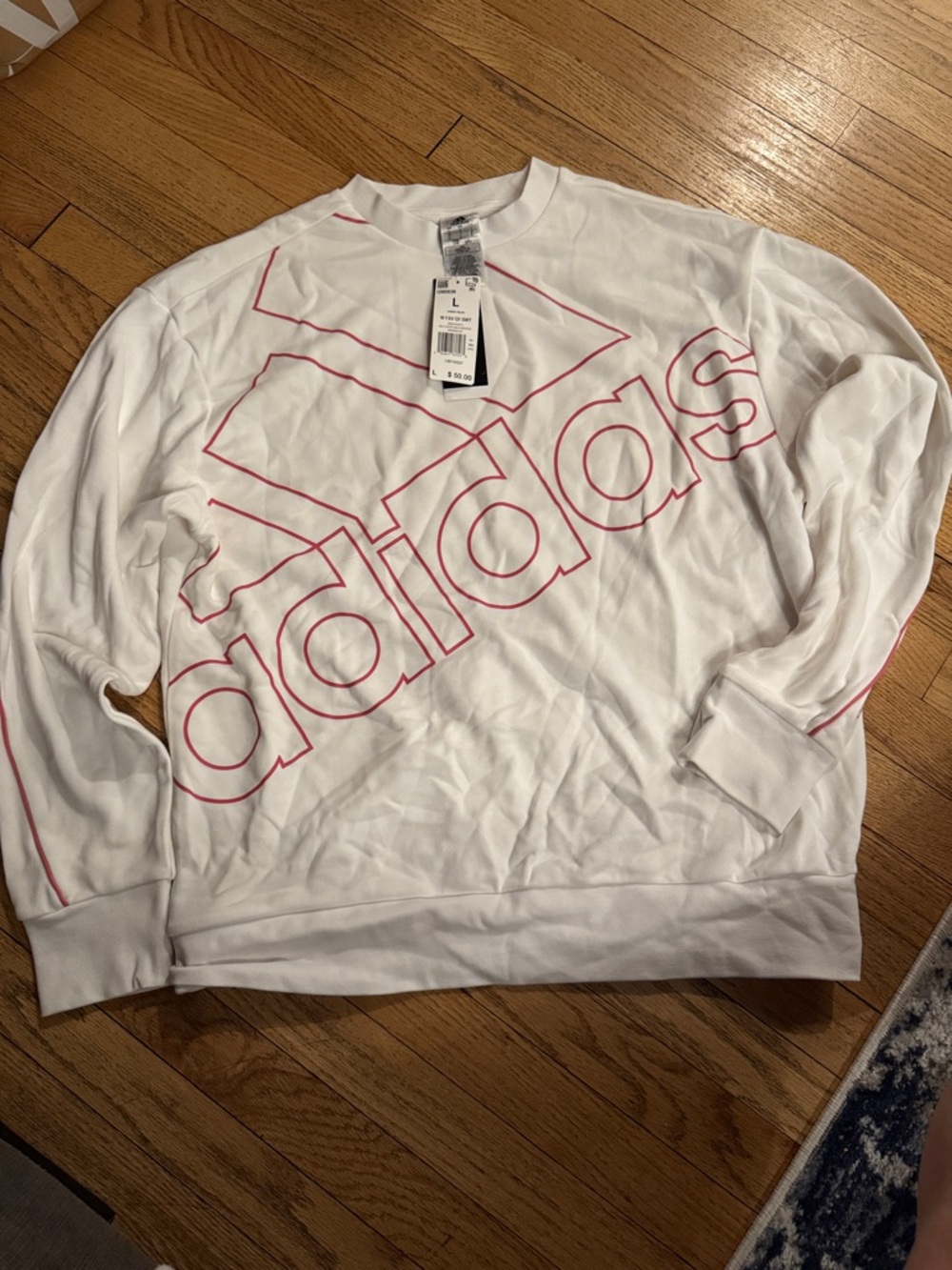 adidas White Crewneck Sweatshirt with Pink Outline Logo
